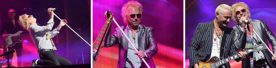 A collage of images of a man on stage as Rod Stewart with a microphone and silver suit