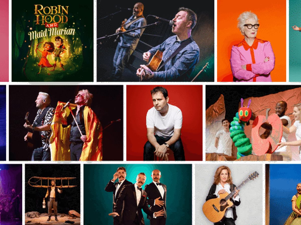 A collage of colourful images of shows coming to the Corn Exchange