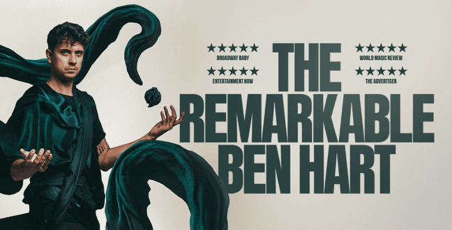 A man wearing a silky green top with green fabric in the air next to the bold capital title 'The Remarkable Ben Hart'