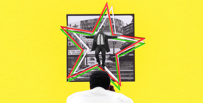 A yellow backdrop with a black and white image of a man with layered stars on it in green, white and red