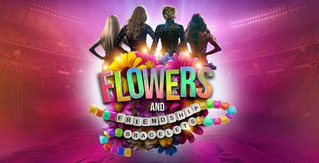 Four women from behind wearing dark clothing with different hairstyles on top of a multicoloured logo with the words 'Flowers and Friendship Bracelets'