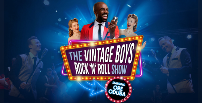 Promotional poster for 'The Vintage Boys Rock 'n' Roll Show' starring Ore Oduba, featuring retro-styled performers with microphones and a neon-lit sign