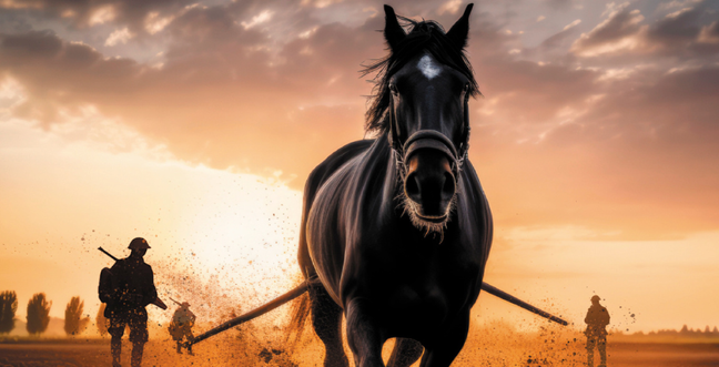 A horse in the foreground with a sunrise orange and yellow background. Soldiers silhouettes in the background.