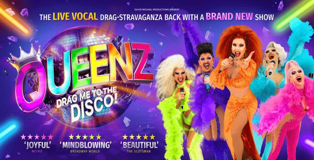 5 drag queens wearing different coloured looks with feather boas in front of a purple backdrop with the title 'Queenz drag me to the disco'