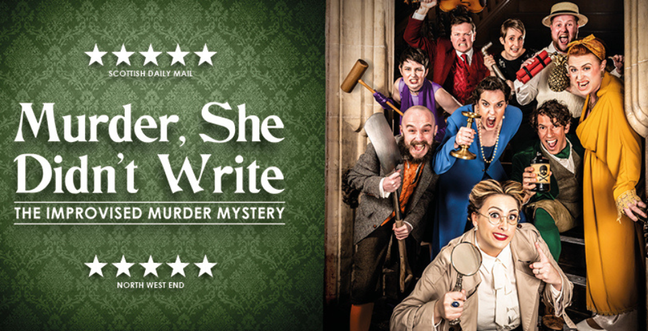 a group of people in a row, all wearing period clothing and holding 'Cluedo' style murder weapons next to the title 'Murder, She Didn't Write'