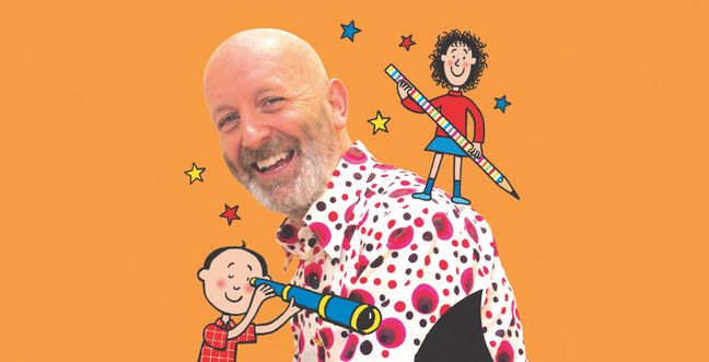 A man stands in a colourful white and red polka dot shirt against an orange backdrop with a cartoon character sat on his shoulder with a large pencil and one by his side holding a telescope