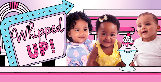 three babies in a cartoon diner with an icecream sundae infront of them. The colour scheme is pink, purple and light blue.