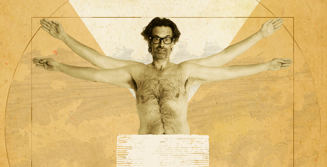 A naked man with dark hair and glasses with a box over his bottom half. Set on a cream coloured background with 4 arms placed at different angles