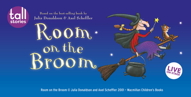 A cartoon witch on a broom stick with a couldron, cat and wand. A dark blue background with sparkling stars.