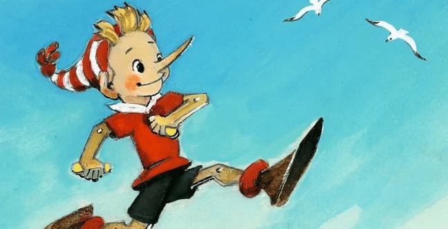 A cheerful wooden puppet resembling Pinocchio walks energetically against a bright blue sky, wearing a red shirt, black shorts, and a striped hat. White seagulls fly in the background, adding to the lively, adventurous feel.