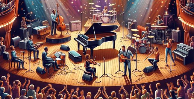 A drawing of a group of people on stage with a grand piano and classical performers and a cheering crowd