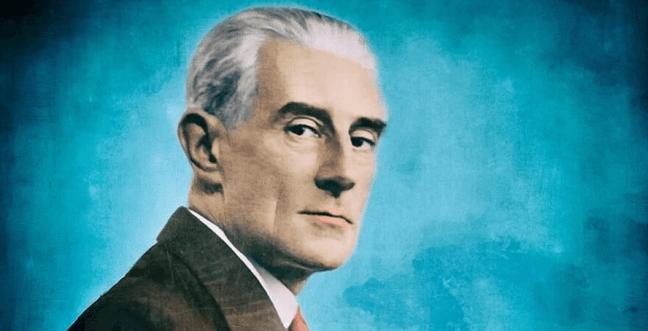 A painting of a man with grey hair slick back, a grey suit and red tie with a bright blue background