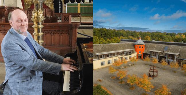 A man sat at an accordion piano in a grey suit next to an image of a building with an orange tower and yellow trees in a square