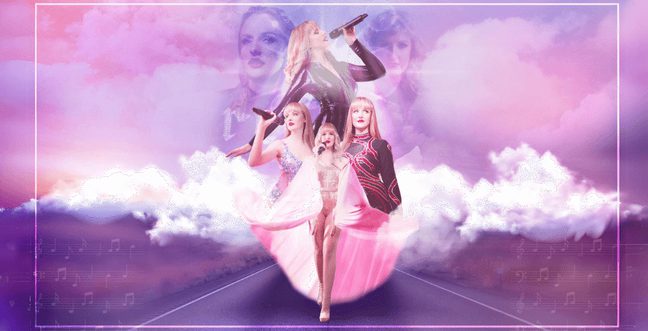 A woman wearing different Taylor Swift looks stands in a cloudy pink space