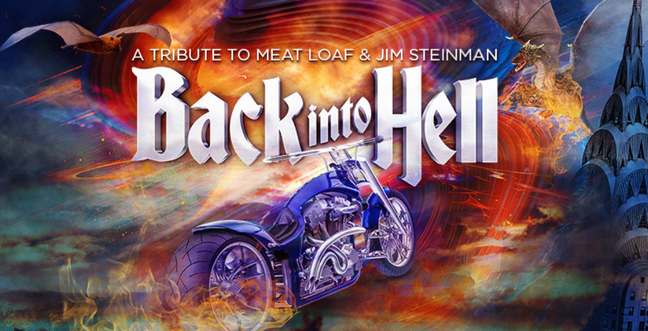 A firey backdrop with a purple motorcycle and the title 'Back into Hell'