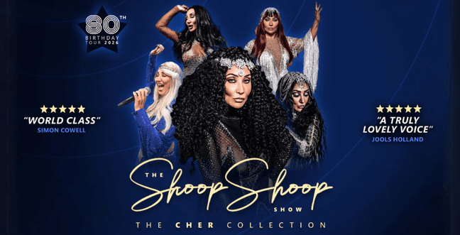A woman with dark curly hair stands in front of 5 versions of her behind that are all dressed as Cher. The backdrop is blue with the title in gold 'The Shoop Shoop Show'