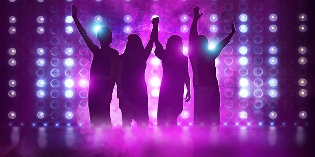 An outline of a group of people with bright pink lights in circles behind them