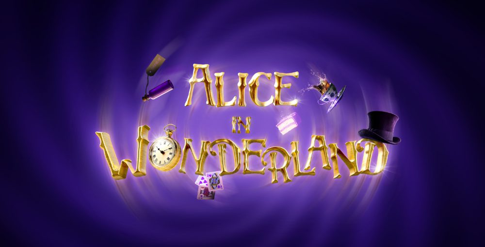 A gold title that says 'Alice in Wonderland' over a purple backdrop
