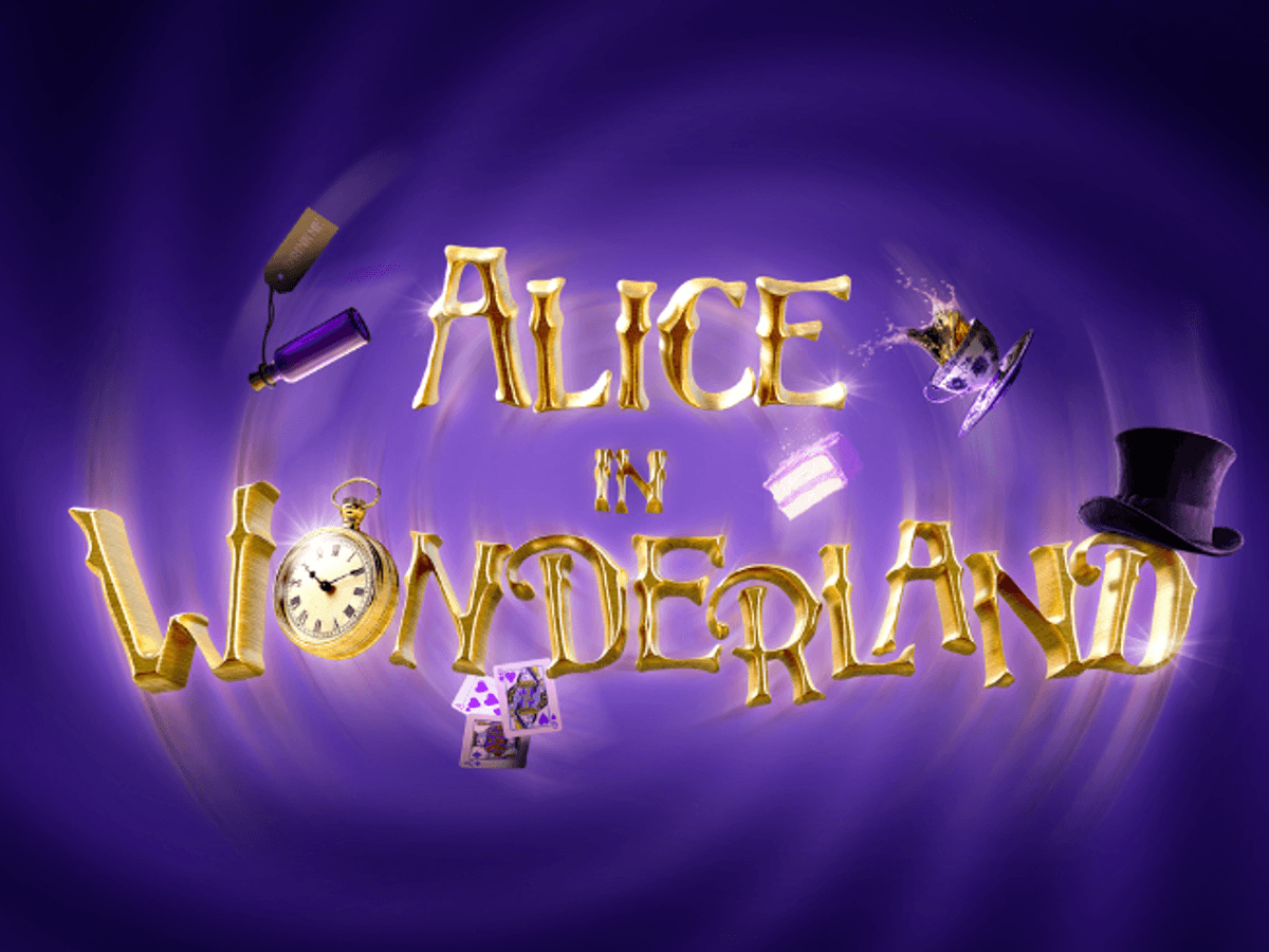A gold title that says 'Alice in Wonderland' over a purple backdrop