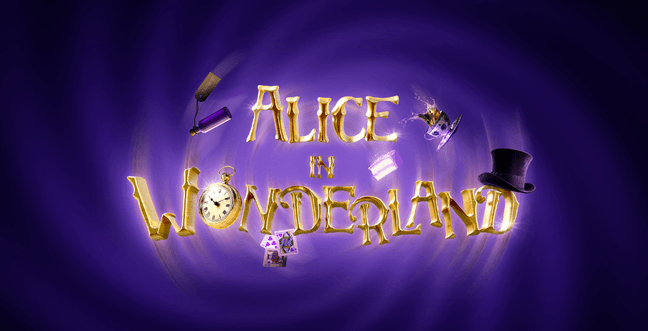 A gold title that says 'Alice in Wonderland' over a purple backdrop