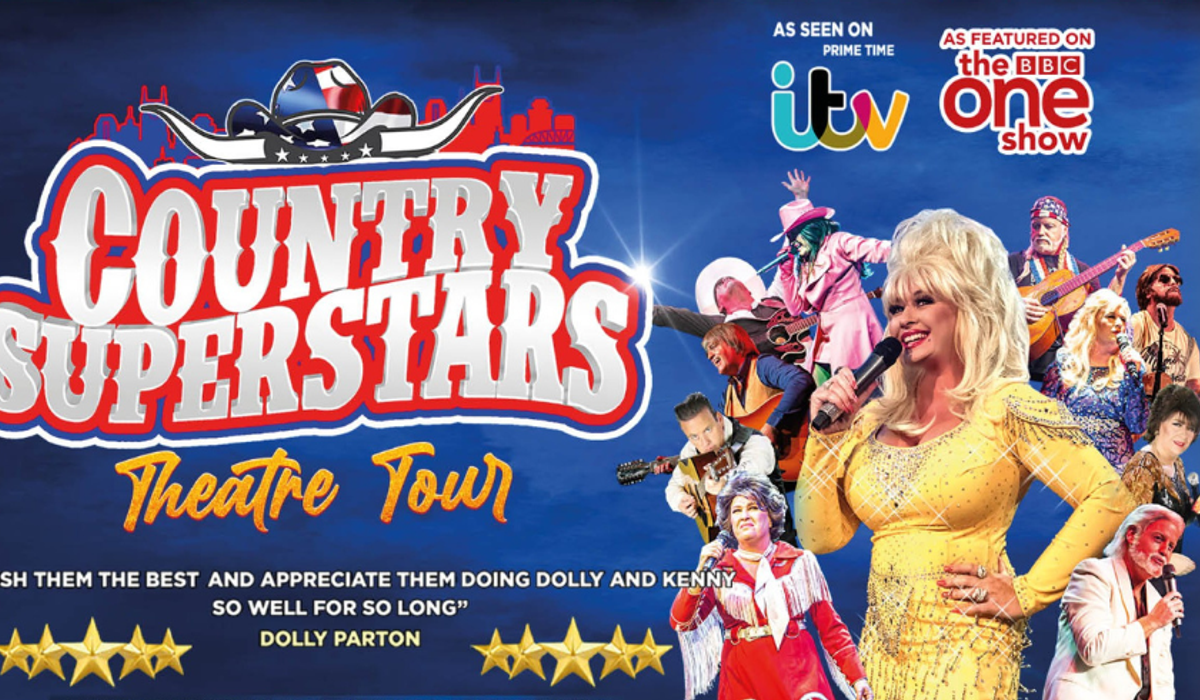 Red text says contry superstars with Dolly Parton on the left in a yellow dess