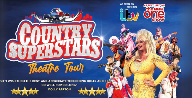 Red text says contry superstars with Dolly Parton on the left in a yellow dess
