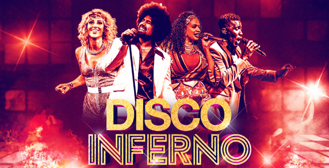 A group of singers on a orange-lit stage with the title 'Disco Inferno'