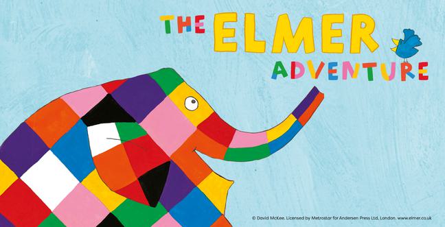 The Elmer Adventure in colourful writing with a blue bird next to it and the patchwork elephant below