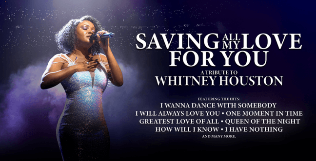 A woman in a silver dress sings on stage beside the title 'Saving All My Love For You'