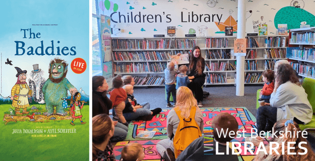 A group of children with their parents sit around a young woman who is reading a storybook
