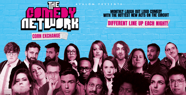 The Comedy Network title in white and pink with a bright blue brick background. Below is a collage of featured comedians.