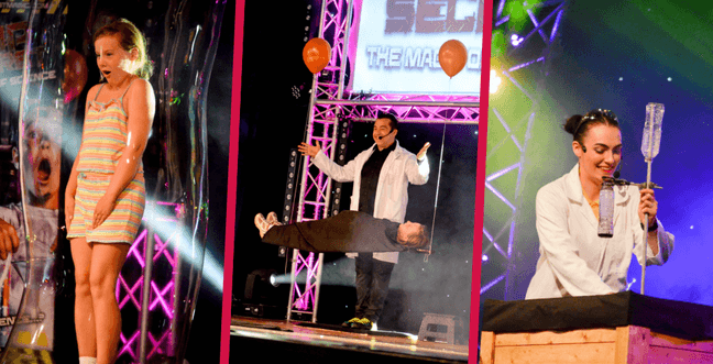 A collage of people on stage performing science experiments