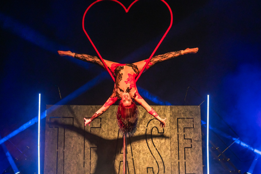 A woman in a black, red and nude bodysuit hangs upside down from a heart shapes aerial hoop