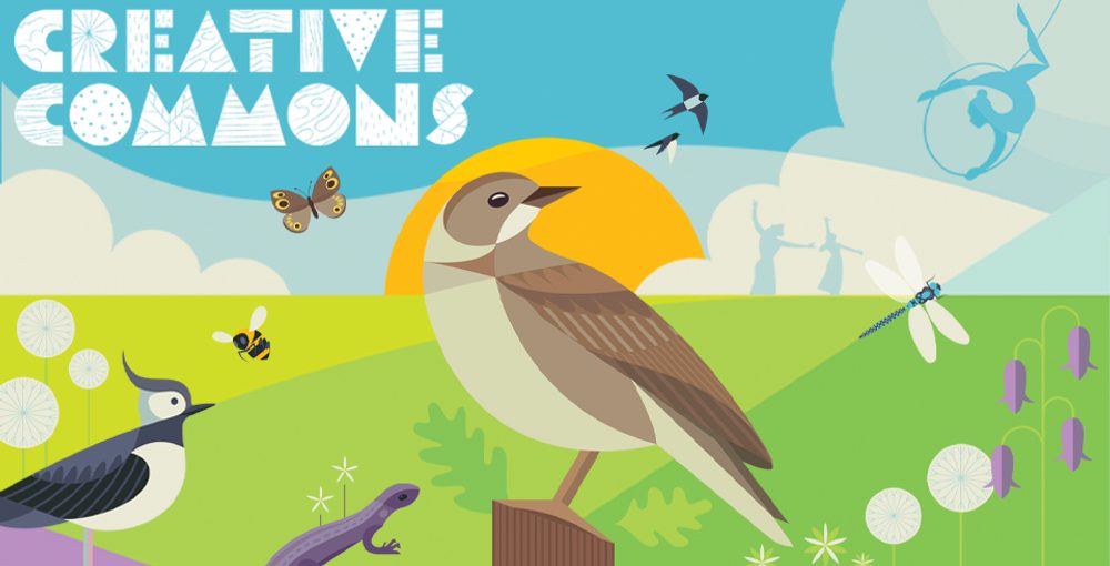 A cartoon of birds, insects and circus performers all sharing a green field under the sunny blue sky