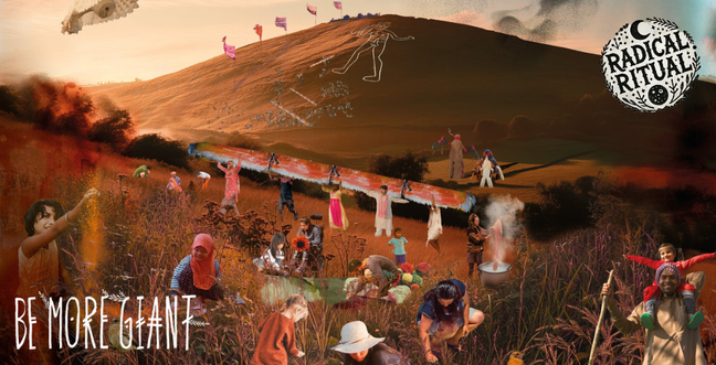 Be More Giant written on the corner in front of an image of a hill with an collection of different people below