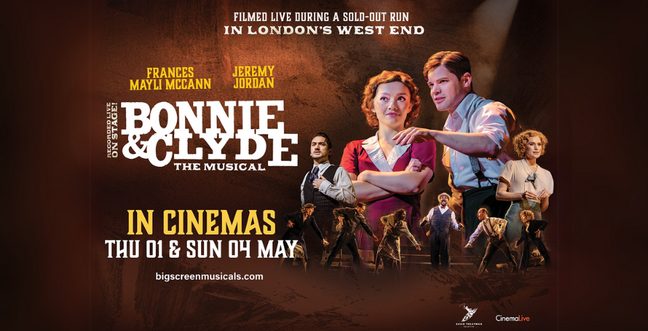 The title 'Bonnie & Clyde The Musical' sits to the left of a couple stood together against a dark brown backdrop with the mans arm resting on the shoulder of a woman in a red dress