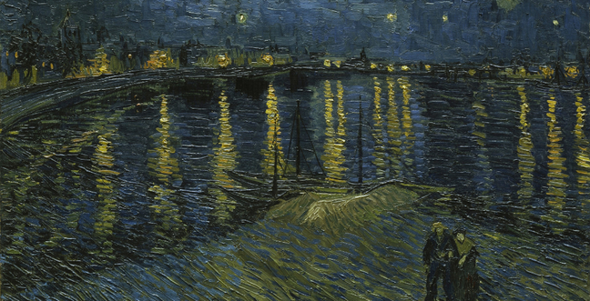 A starry night painting by Van Gogh with dark yellow and dark blue paints