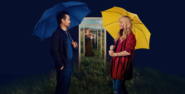 Two people under a blue and yellow umbrella stand in front of a never ending door