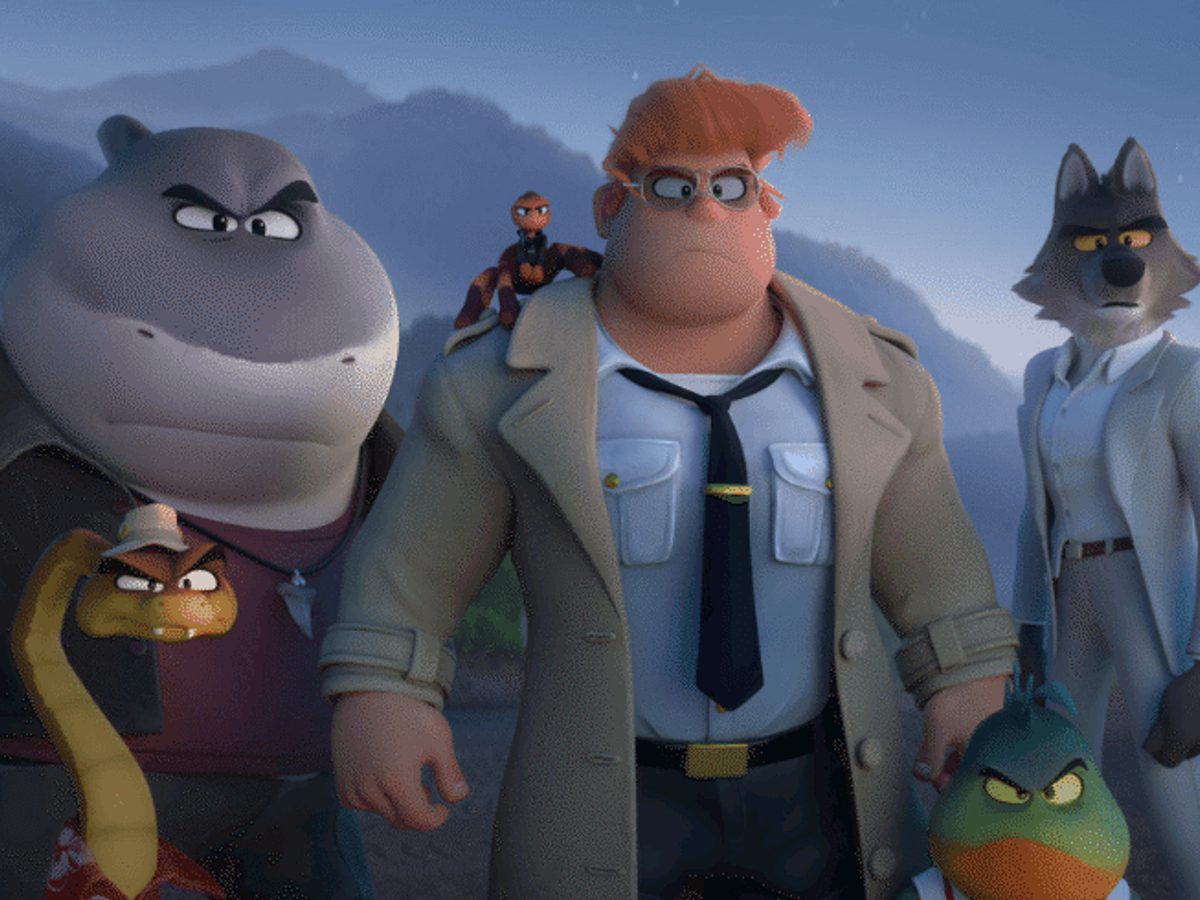 A group of cartoon characters with a man, a hippo, a wolf, a snake and a gecko