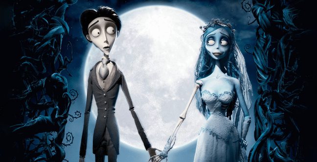 A cartoon man and woman stand at the wedding altar in front of a large blue moon
