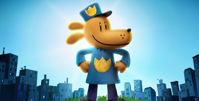 A cartoon dog with its hands on its hips stands in front of a blue sky with a city skyline behind. He wears a blue hat and top with a yellow police badge on them