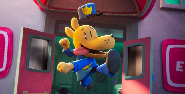 A cartoon yellow dog in a blue outfit flies in the air through pink doors