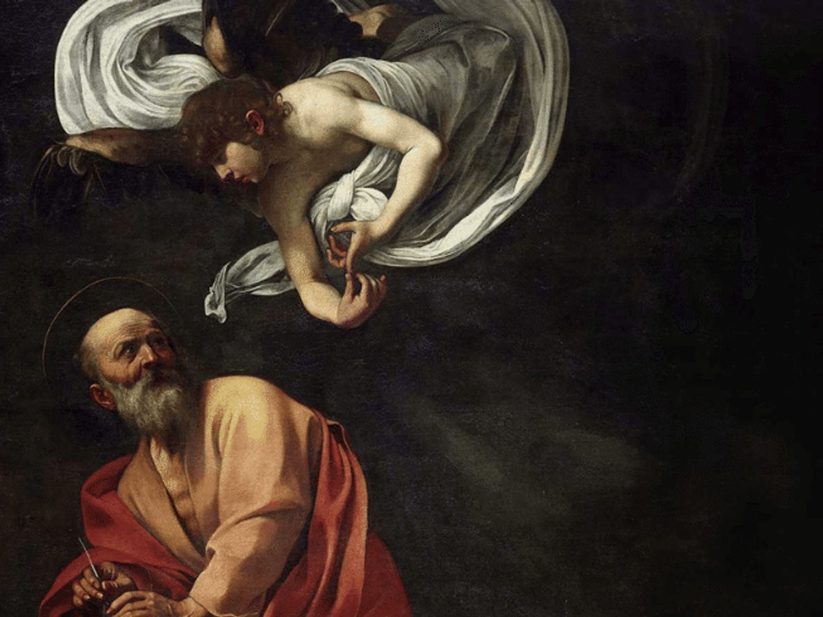 A painting of an angelic figure looking down towards a man wearing orange and red robes with a halo around his head.