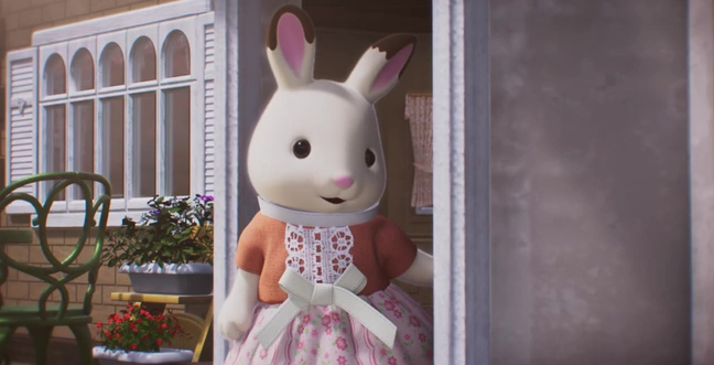 An animated rabbit in a pink dress with a lace front and white bow leans out of a door