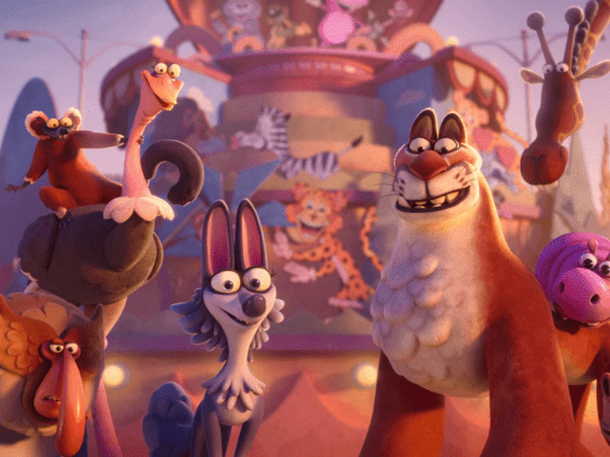 A group of cartoon animals stand together in formation. The lighting is warm with a blue sky behind them.