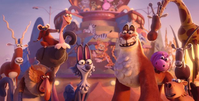 A group of cartoon animals stand together in formation. The lighting is warm with a blue sky behind them.