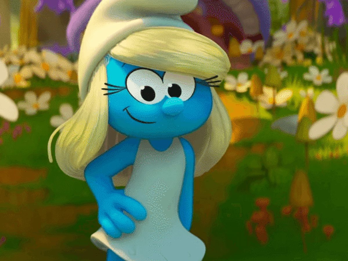 A blue smurf with a white dress and hat, surrounded by flowers