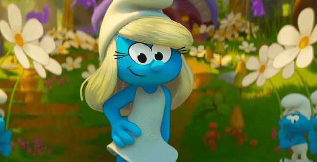 A blue smurf with a white dress and hat, surrounded by flowers