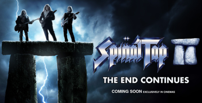 Three men stand on a stone henge rock holding guitars next to the title 'Spinal Tap 2 The End Continues'