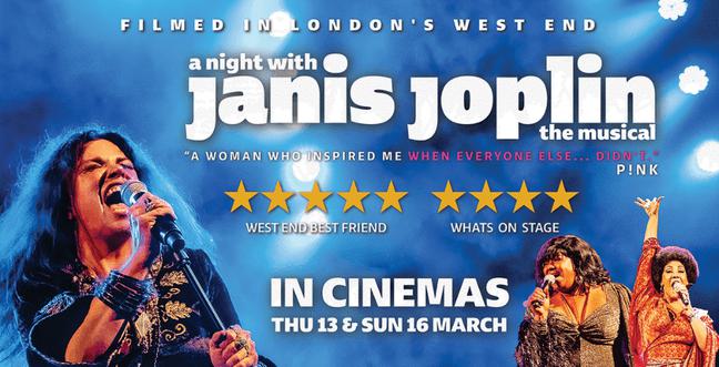 A Night with Janis Joplin The Musical in Cinemas written in text with a woman singing holding a microphone on the right